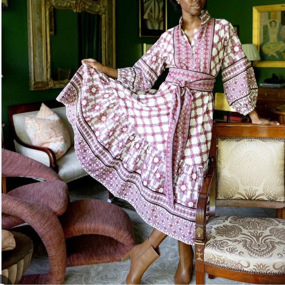 Sur Sartor Paloma Flounce Dress in Plum and Burgundy Mosaic